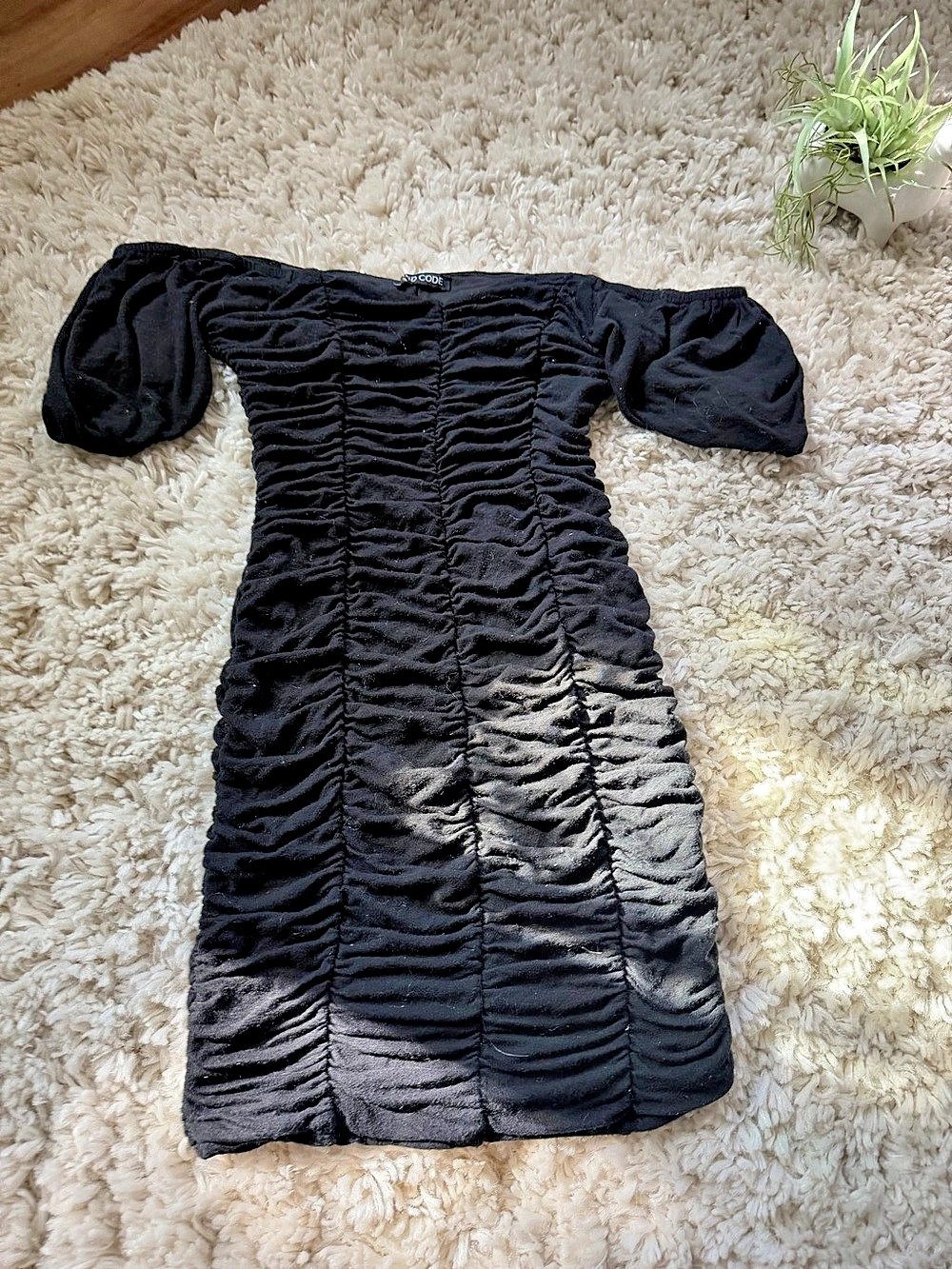 MIND CODE Ruched scrunched, puffer, unique, layered off shoulder Mini Dress in B